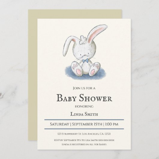 Bunny met Blue Bow Stropdas Boy Baby shower Kaart (Voorkant / Achterkant)