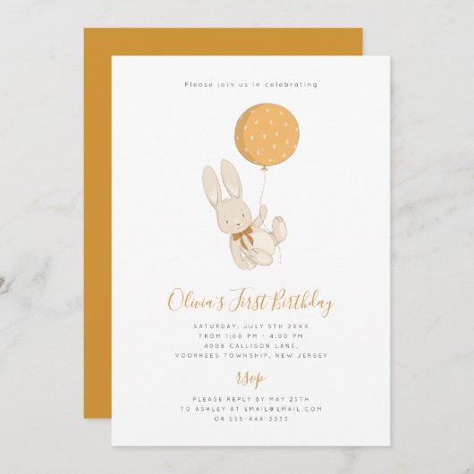 Bunny met een ballonvaardige uitnodiging (Voorkant / Achterkant)