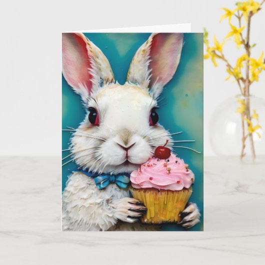 Bunny met een Cupcake Verjaardag Kaart (Gele Bloem)