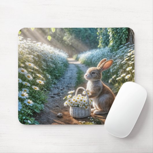 Bunny met een mand van witte madeliefjes muismat (Met muis)