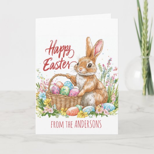 Bunny met een mand vol met paaseieren feestdagen kaart (Voorkant)