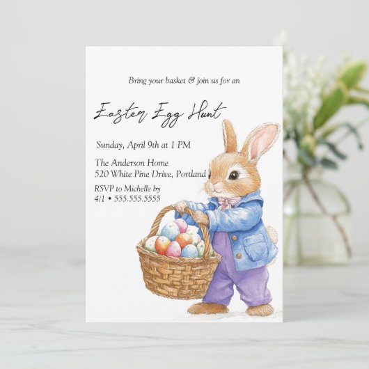 Bunny met eieren in mand paaseieren jacht kaart (Staand voorkant)