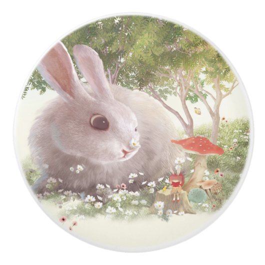 Bunny met Flowers Keramische Knop (Voorkant)