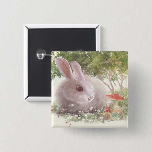 Bunny met Flowers Vierkante Button 5,1 Cm (Voorkant /achterkant)