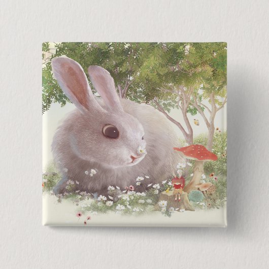 Bunny met Flowers Vierkante Button 5,1 Cm (Voorkant)
