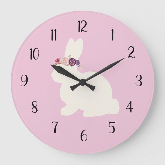 Bunny met Flowers Wreath Pink Decor Large Clock Grote Klok (Voorkant)