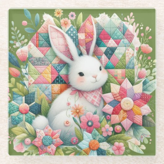 Bunny met Quilt en Bloemen Glazen Onderzetter (Voorkant)