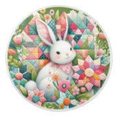Bunny met Quilt en Bloemen Keramische Knop (Voorkant)
