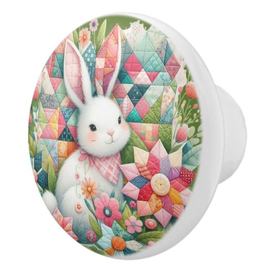 Bunny met Quilt en Bloemen Keramische Knop (Rechts)