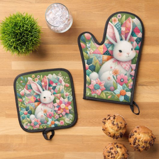 Bunny met Quilt en Bloemen Ovenwant & Pannenlap Set (Top down)