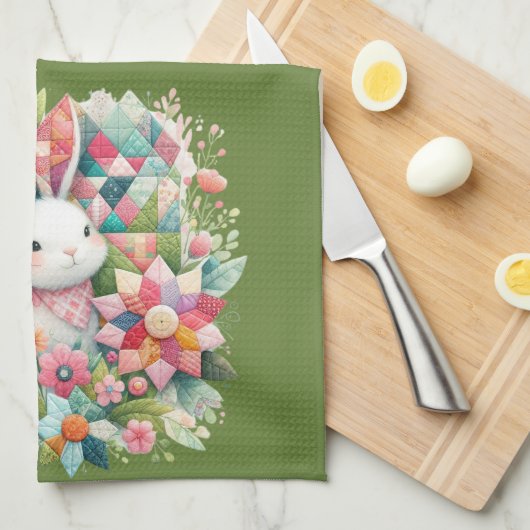 Bunny met Quilt en Bloemen Theedoek (Quarter Fold)