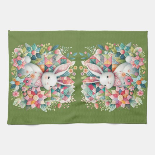 Bunny met Quilt en Bloemen Theedoek (Horizontaal)