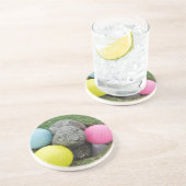 Bunny met roze blauw geel ei zandsteen onderzetter (Zijkant)