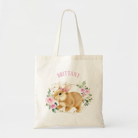 Bunny met roze en goudbloemen, aangepast paasen tote bag (Voorkant)
