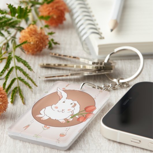 Bunny met Tulpen Spring Holiday Rabbit Sleutelhanger (Voorkant Rechts)