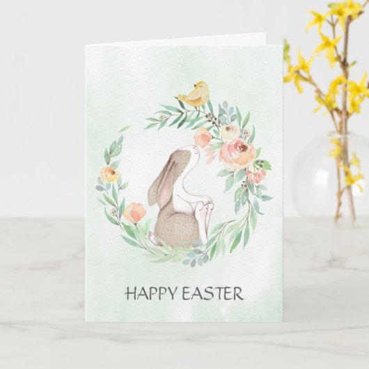 Bunny met Waterverf Wreath Pasen Kaart (Gele Bloem)