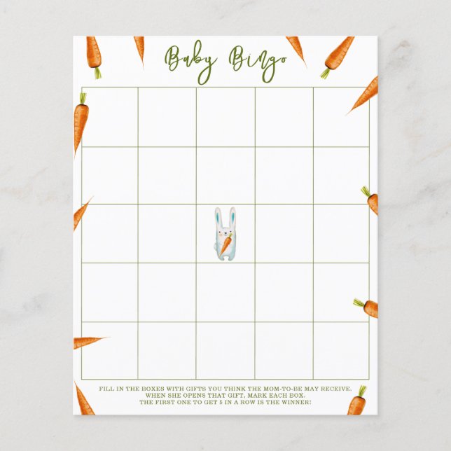 Bunny met wortels - Baby shower bingo spel (Voorkant)