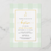 Bunny Mint Gingham Baptism Gold Foil Invitation Folie Uitnodiging (Voorkant)