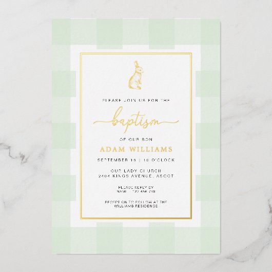 Bunny Mint Gingham Baptism Gold Foil Invitation Folie Uitnodiging (Voorkant)