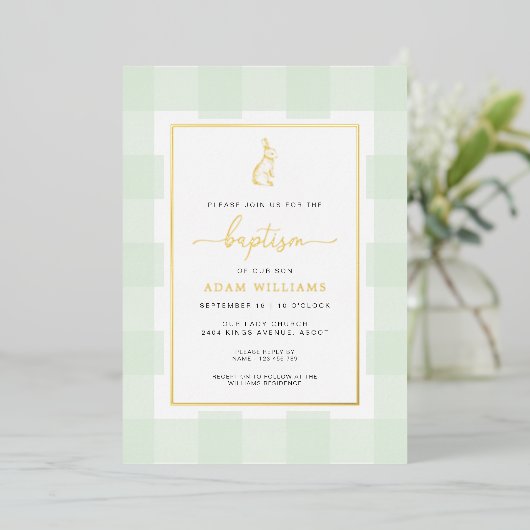 Bunny Mint Gingham Baptism Gold Foil Invitation Folie Uitnodiging (Staand Voorkant)
