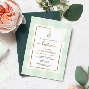 Bunny Mint Gingham Baptism Gold Foil Invitation Folie Uitnodiging