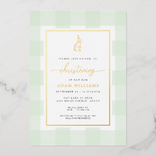 Bunny Mint Gingham Christening Folie Uitnodiging (Voorkant)