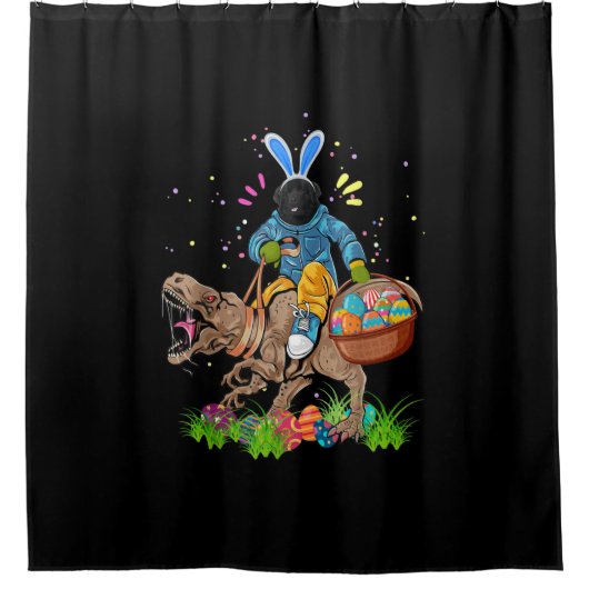 Bunny Newfoundland Dog Riding Dinosaur Easter Douchegordijn (Voorkant)