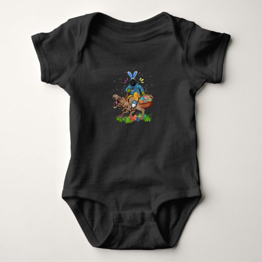 Bunny Newfoundland Dog Riding Dinosaur Easter Romper (Voorkant)