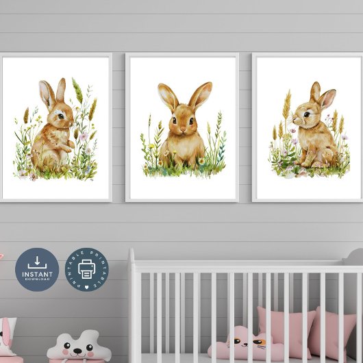 Bunny Nursery Prints, Waterverf Genderneutraal Muurkunst Sets