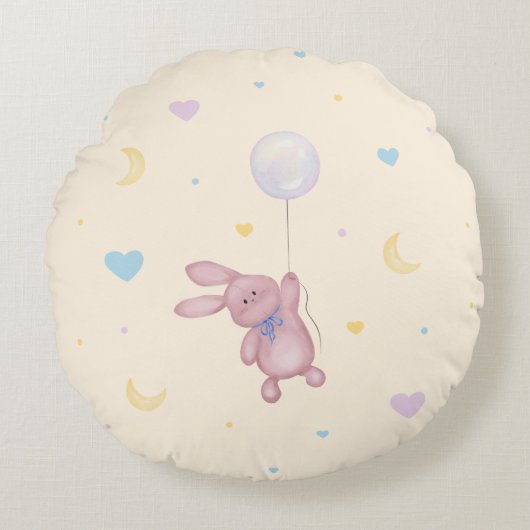 Bunny on Bubble Cute Nursery Pillow for Kids Room Rond Kussen (Voorkant)