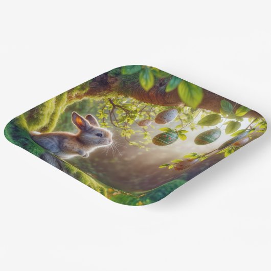 Bunny onder een easter egg tree papieren bordje (Gebogen)