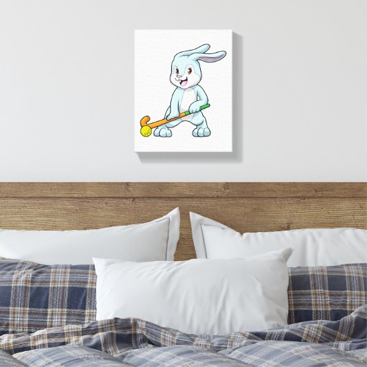 Bunny op Field hockey met Hockey stick Canvas Afdruk (Insitu (Slaapkamer))