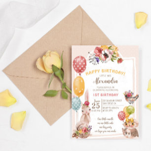 Bunny Owl and Bird 1st Birthday Kaart
