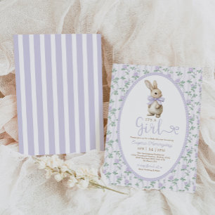  Bunny Paarse Bow Bloemen Meisje Baby shower Kaart