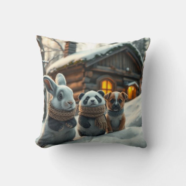 Bunny, Panda & Pupply in sneeuw Kussen en geschenk (Voorkant)