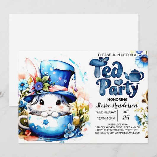 Bunny Par-Tea Waterverf Baby shower Kaart (Voorkant / Achterkant)