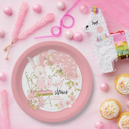 Bunny Paraplu Flowers Naam Datum Roze Baby shower Papieren Bordje (Feest)