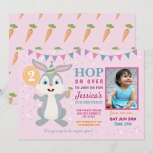 Bunny Party Birthday Rabbit Fotopaasroze Kaart