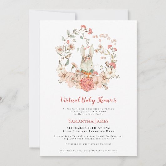 Bunny  Perzik Bladerwerk Virtual Baby shower Kaart (Voorkant)