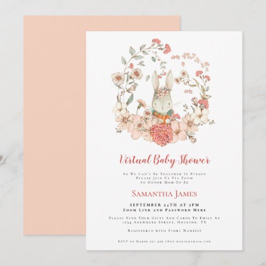 Bunny  Perzik Bladerwerk Virtual Baby shower Kaart (Voorkant / Achterkant)