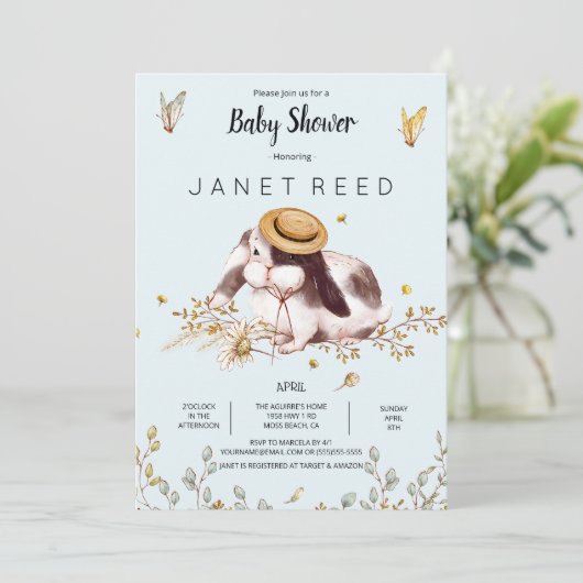 Bunny Pet Rustic Country Baby shower Uitnodiging (Staand voorkant)