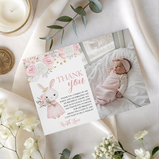 Bunny Photo Birthday Thank You Card Kaart