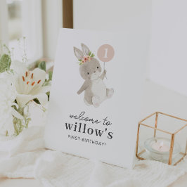 Bunny Pink Balloon 1st Birthday Welcome Sign. Reclamebord Met Voetstuk