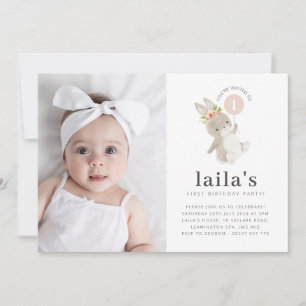 Bunny Pink Balloon Foto 1st Birthday Uitnodiging