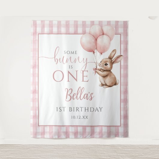 Bunny Pink Balloons 1st Birthday Backdrop Wandkleed (Voorkant)