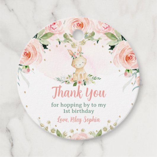 Bunny Pink Blush Floral Birthday Rabbit Party Bedankjes Labels (Voorkant)