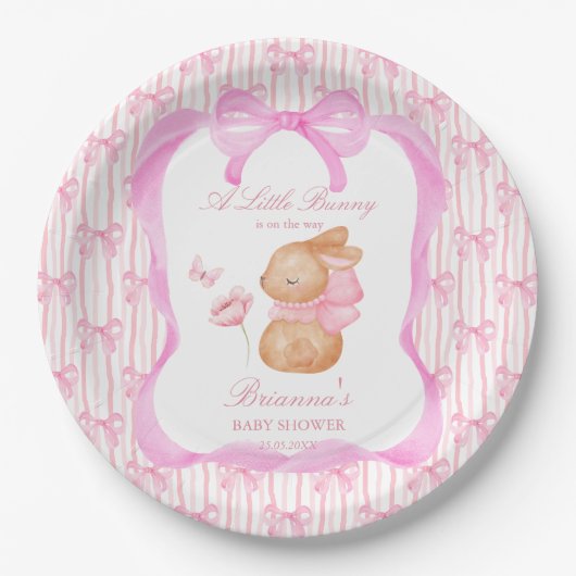 Bunny pink bow baby shower monogrammed papieren bordje (Voorkant)