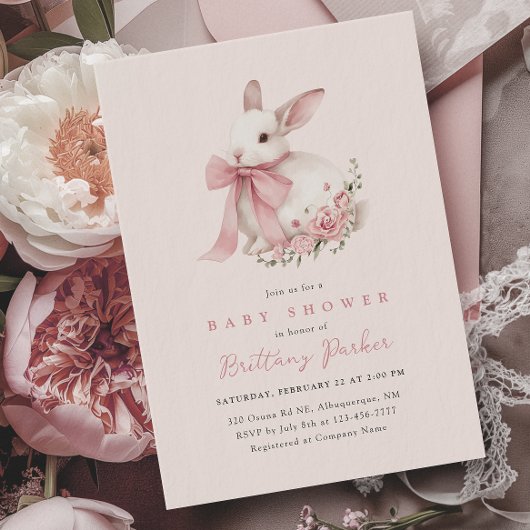 Bunny Pink Bow Baby shower Uitnodiging