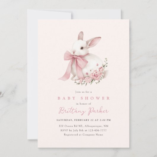 Bunny Pink Bow Baby shower Uitnodiging (Voorkant)