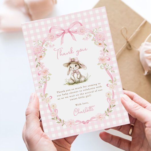 Bunny Pink Bow Gingham Baby Shower Bedankkaart